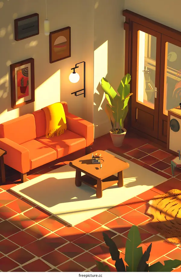 Living Room with Orange Sofa and Sunlight