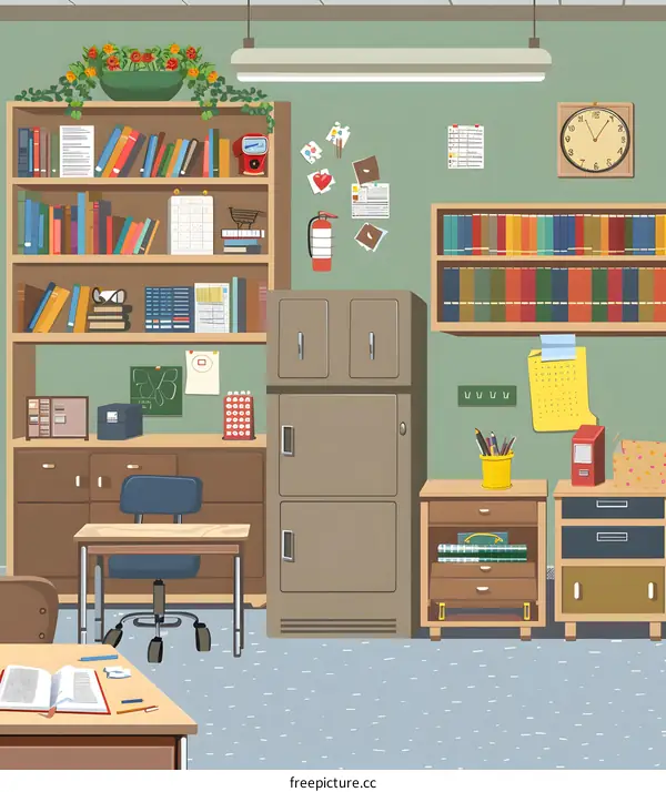 Classroom Interior Design with Bookshelves and Desk