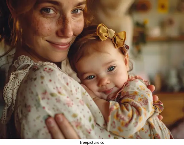A mother is hugging her baby. The baby is smiling at the camera.