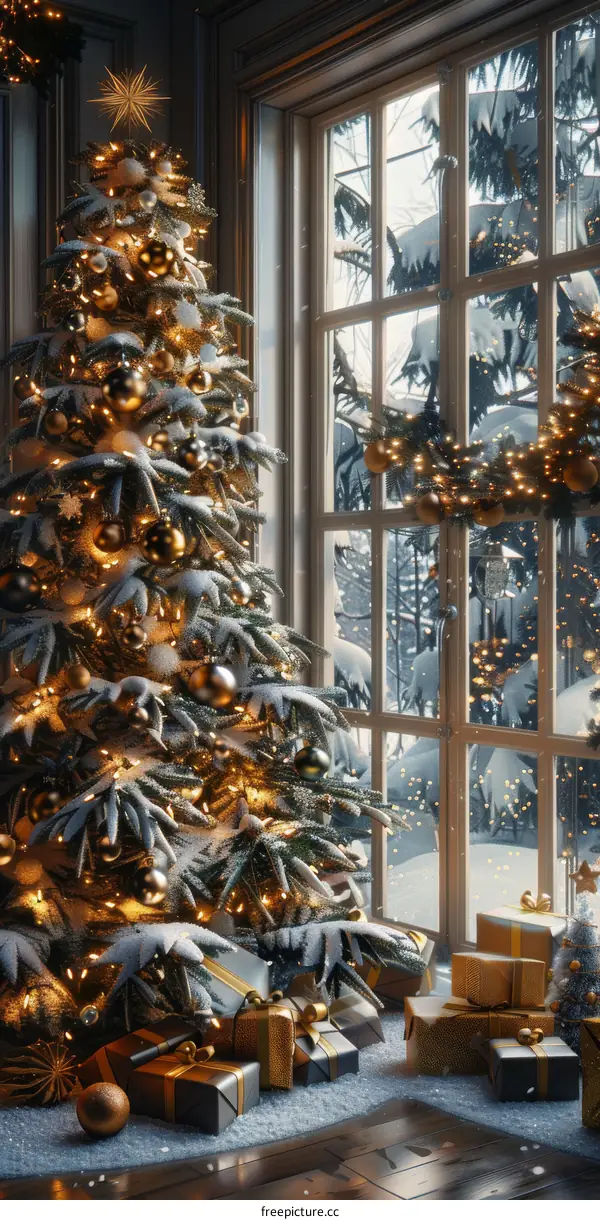 Festive Christmas Tree Decorated with Colorful Ornaments and Presents