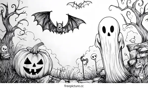 Halloween Illustration with Bats, Pumpkins, and Ghosts