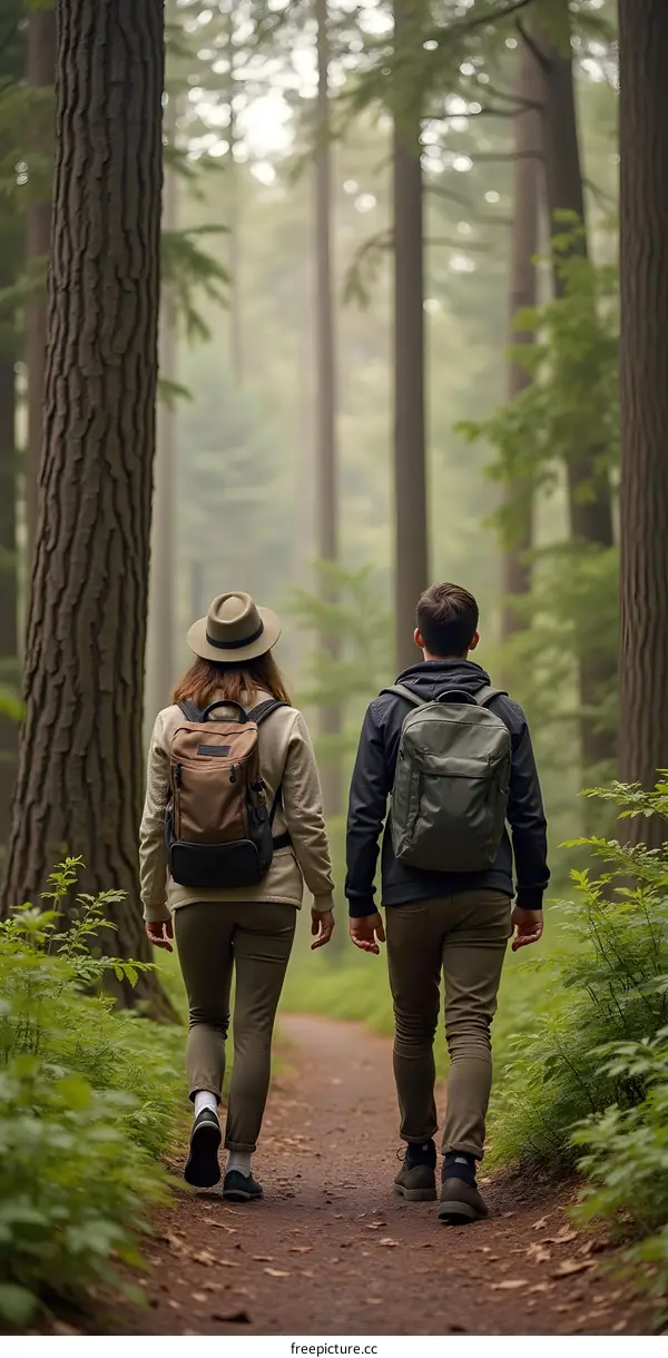 Couple Hiking Through a Lush Forest Trail