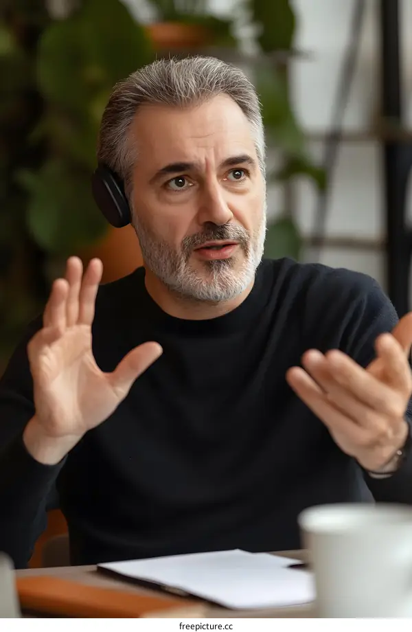 Man with Grey Hair and Beard Talking in Meeting