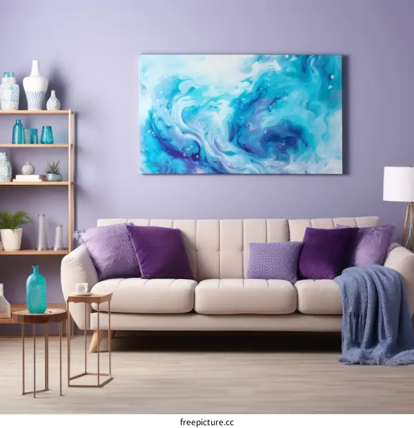 Blue and white abstract painting hanging above sofa in living room