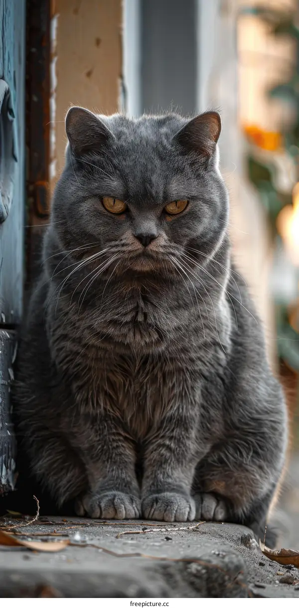 A gray cat is sitting on the ground in front of a door