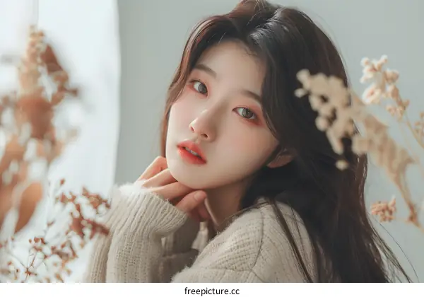 Portrait of a Young Asian Woman with Flowers