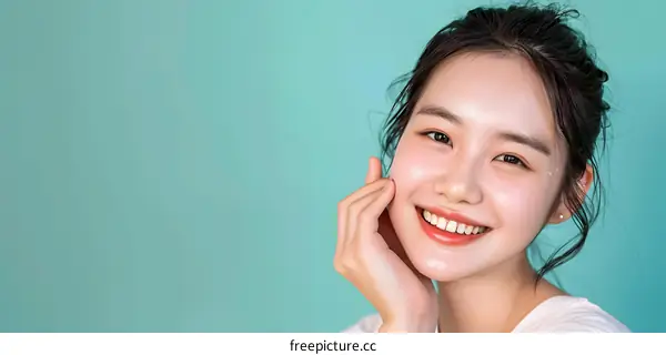Beautiful Asian Woman with Bright Smile Against Turquoise Background