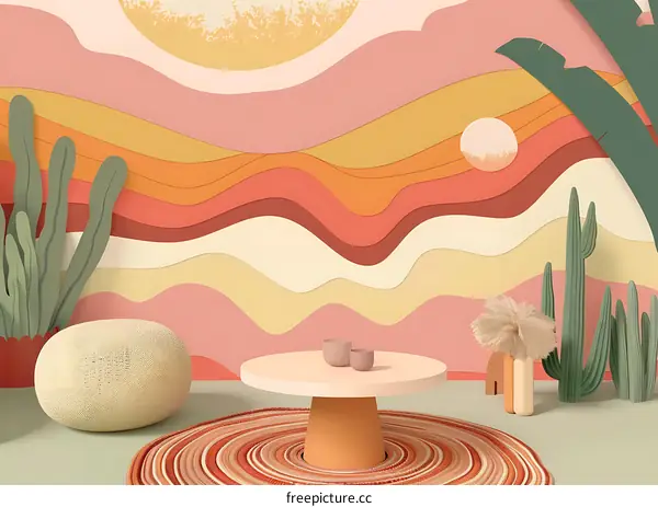 Abstract Desert Landscape Illustration With Wavy Layers And Cactus