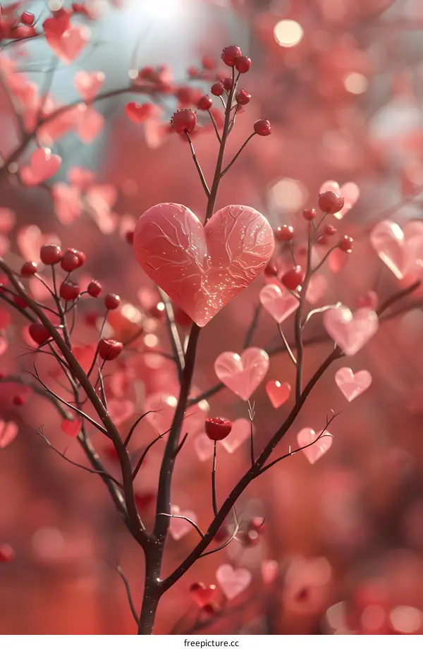 A pink heart-shaped ornament hangs on a tree with branches full of pink heart-shaped ornaments