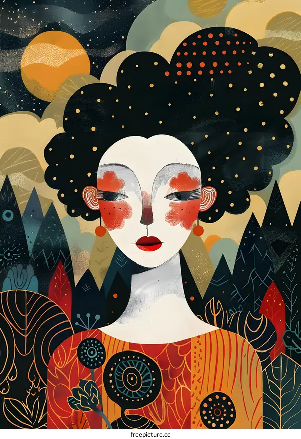 Woman with Black Hair in Nature Landscape Illustration