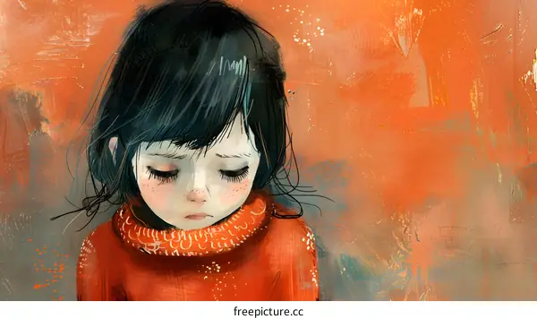 sad girl with freckles and black hair wearing orange turtleneck sweater