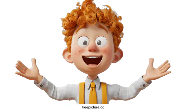 [Transparent Background PNG]3d illustration of a boy with red curly hair and freckles