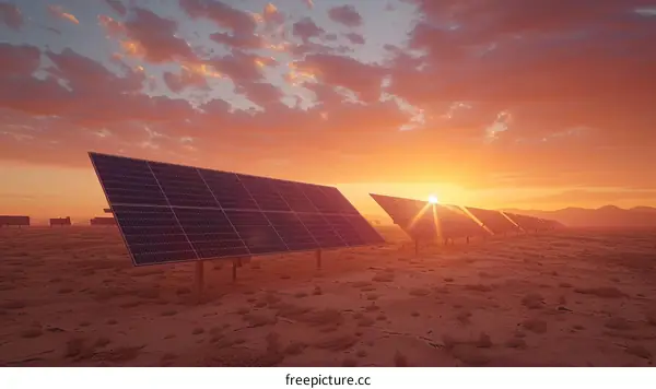 A large solar farm in the middle of a desert at sunset