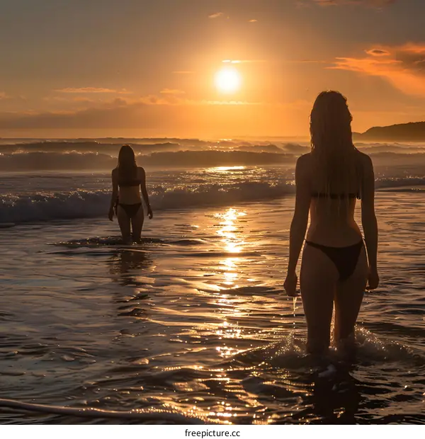 Two Women Walking in the Ocean at Sunset