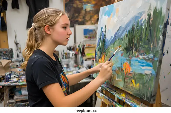 Young Woman Artist Painting Landscape on Canvas