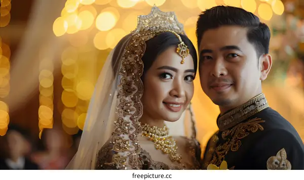 A newlywed couple in gold wedding dress embracing each other affectionately at their wedding