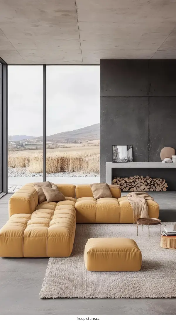 Modern Mustard Yellow Sectional Sofa in Concrete Modern Home