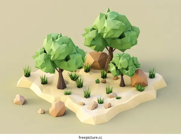 Low Poly 3D Illustration Of Trees And Rocks In A Green Landscape
