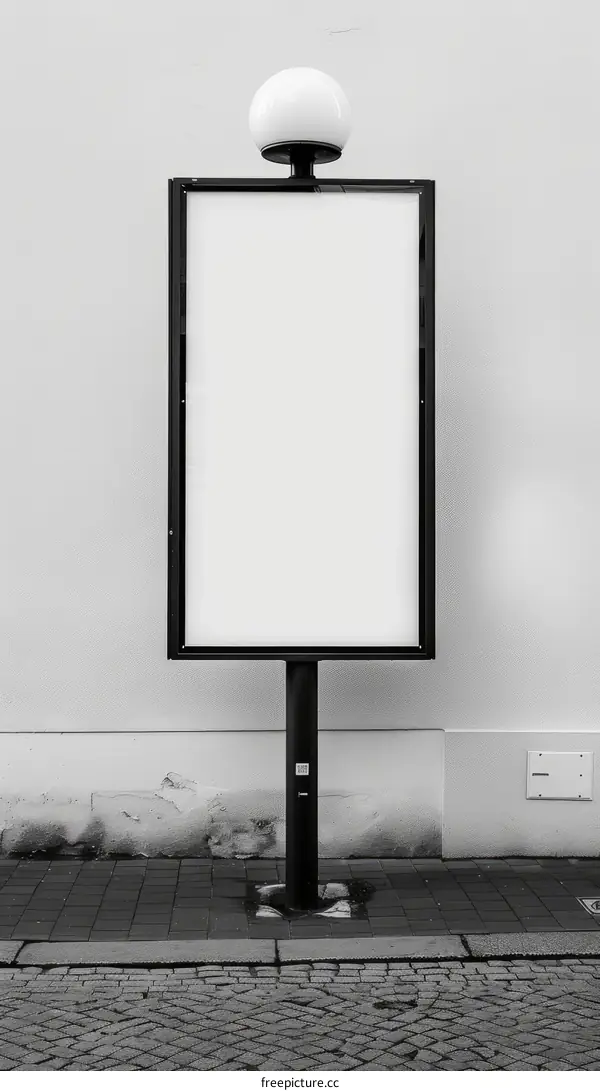 Black and white photo of an empty advertising billboard on a city street.