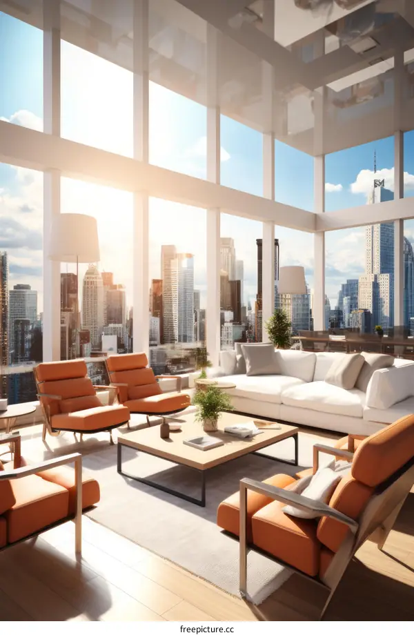 Modern living room interior with large windows and city view