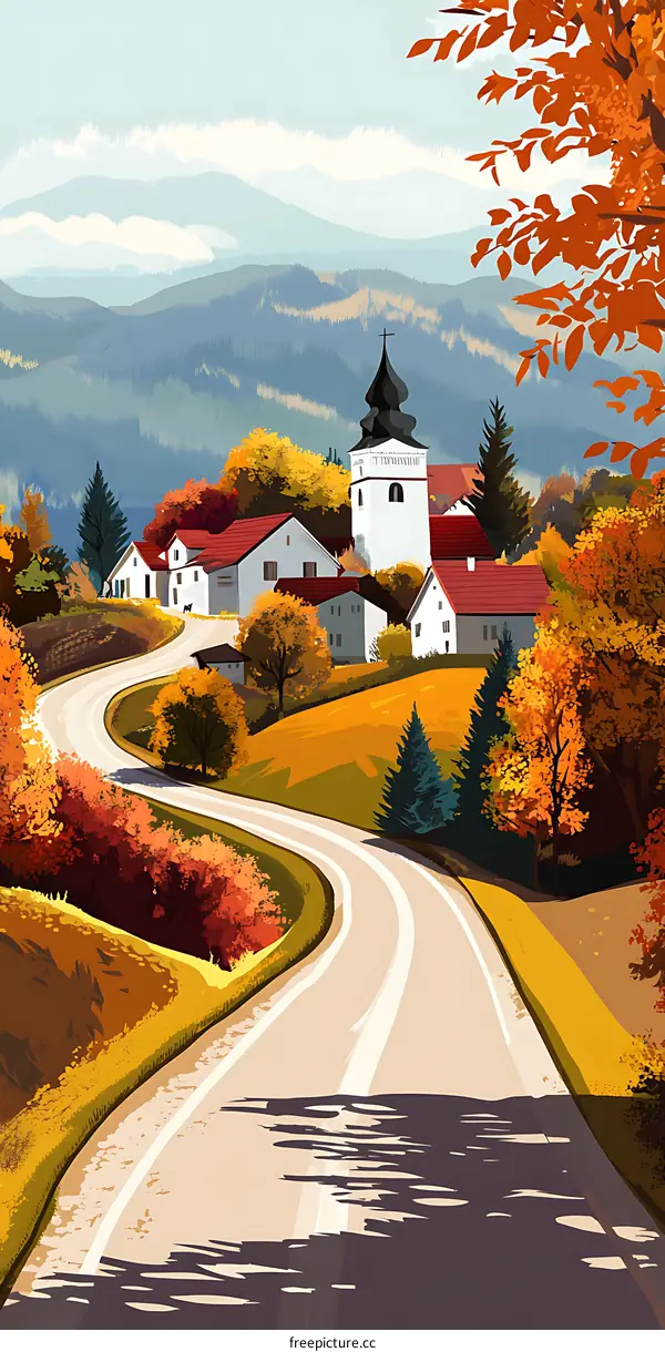 Autumn Landscape With Winding Road And Village
