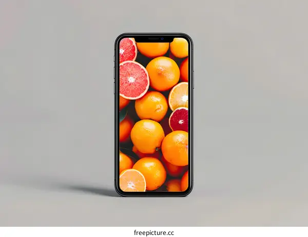 Black Smartphone with Citrus Fruits on Screen