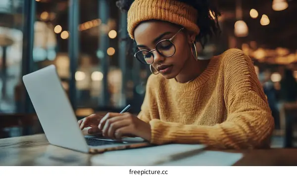 Focused Young Woman Working on Laptop in Cafe