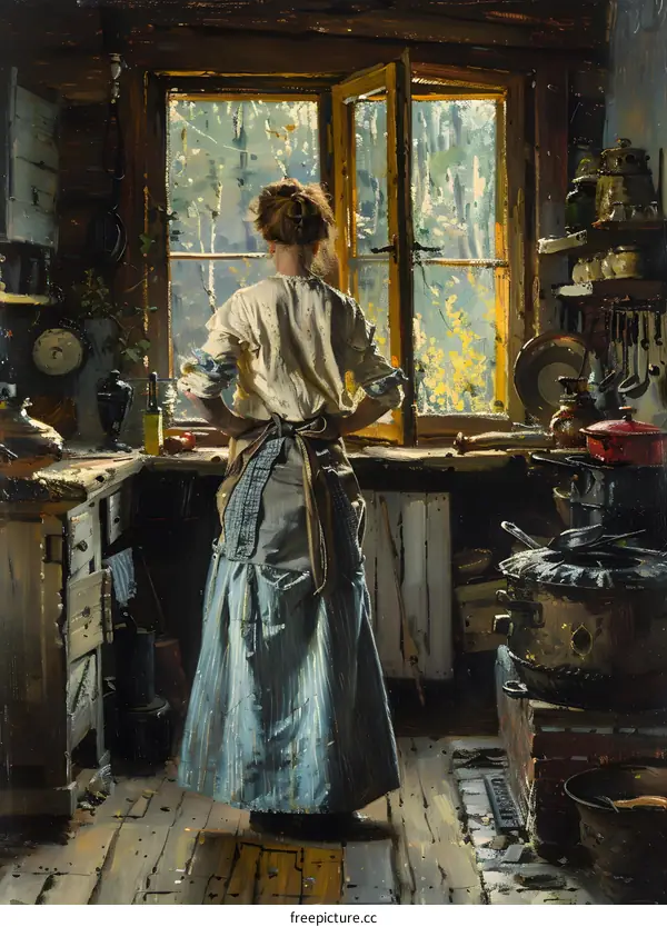 A woman standing in a kitchen looking out the window