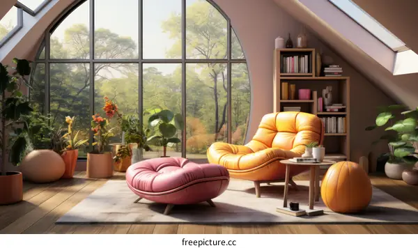 A cozy living space with a large window and a comfortable chair