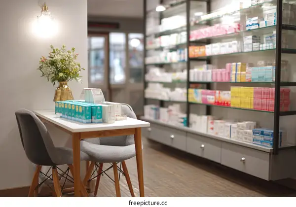 Pharmacy Interior with Medicine Boxes and Seating Area