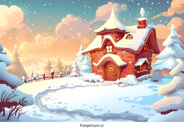 Winter Landscape with a Cozy Brick House