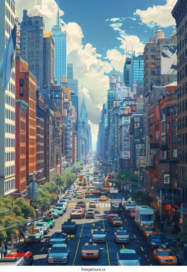 A busy street in New York City with many cars and people crossing the road