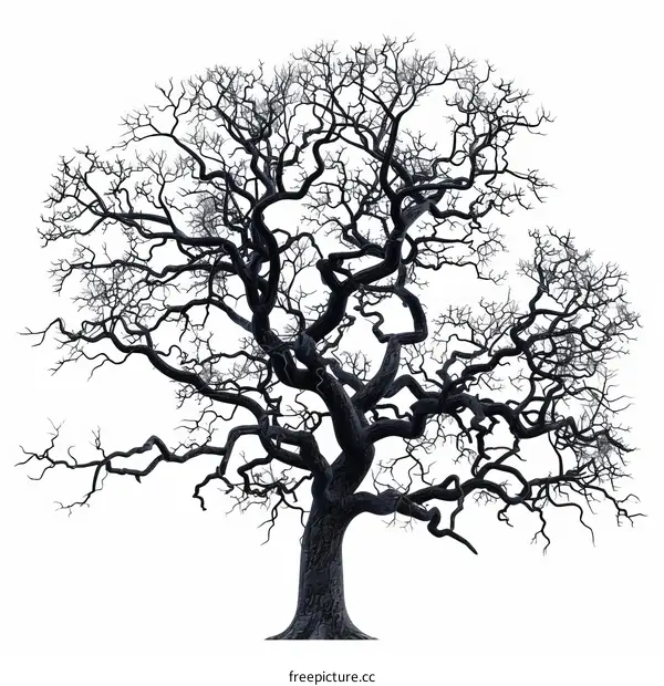 Large leafless tree with gnarled branches