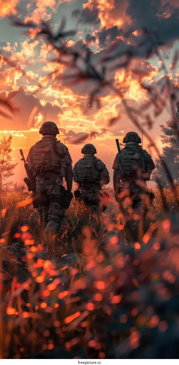 Three soldiers walking through a field at sunset