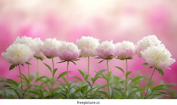 A field of pink and white peonies