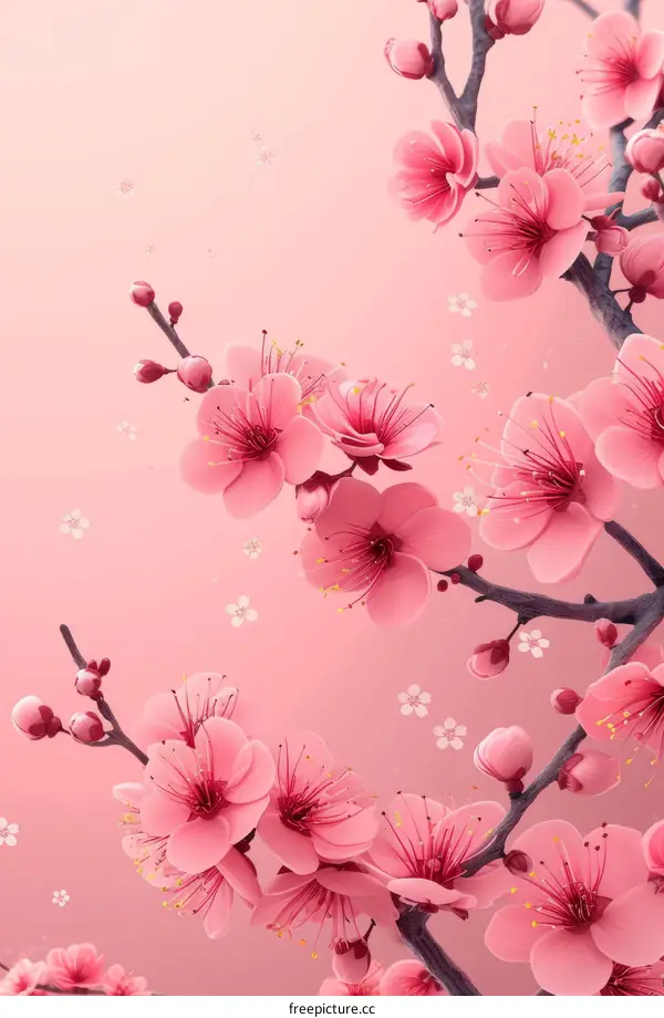 Pink cherry blossoms on a pink background