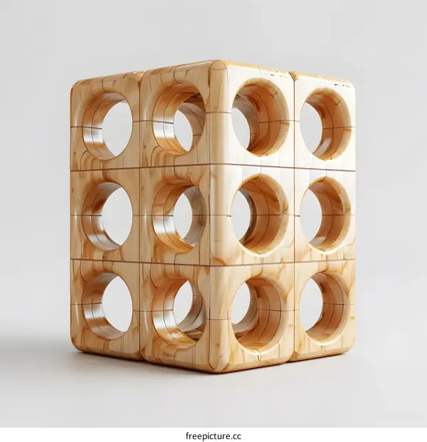 3D rendering of a wooden cube with multiple holes