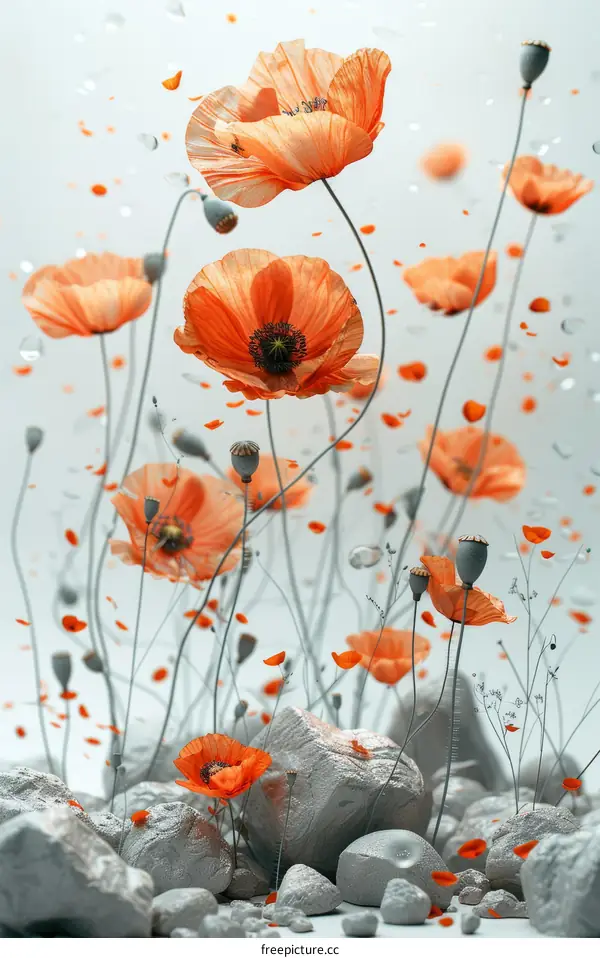 Orange poppies with rocks and petals