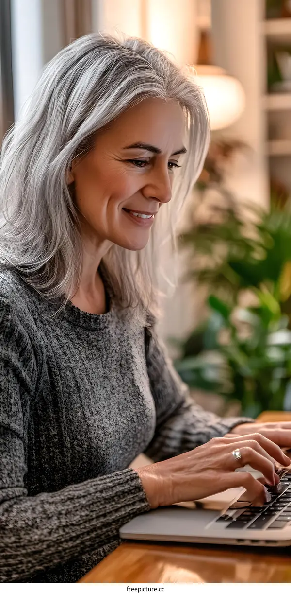 Smiling Woman Using Laptop at Home