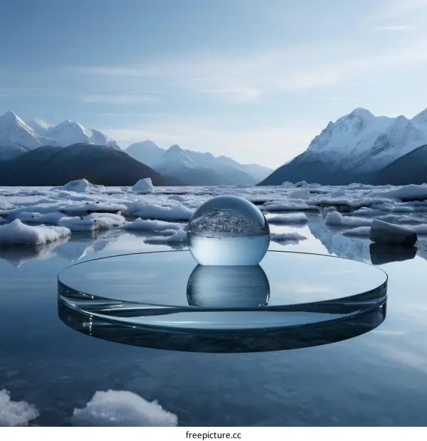 Crystal ball on a frozen lake in the mountains