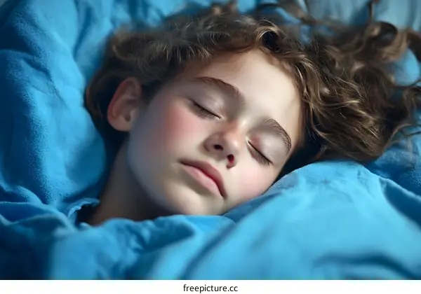 Sleeping girl with curly hair on a blue pillow