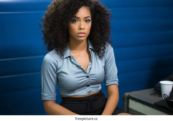 A young woman with curly hair is sitting on a blue box