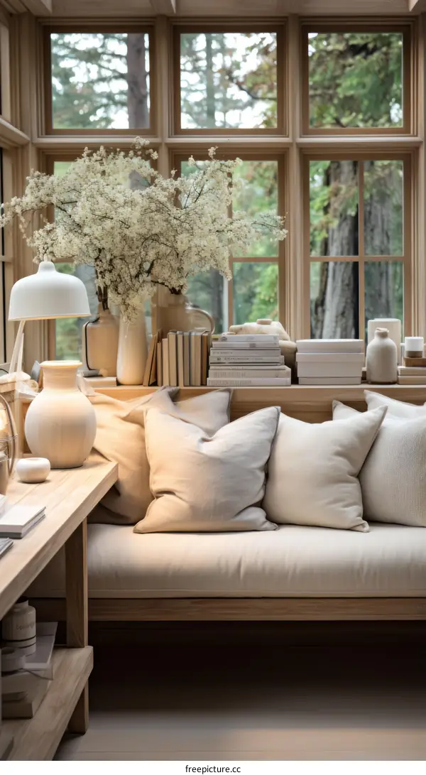 A cozy living space with a large window overlooking a forest