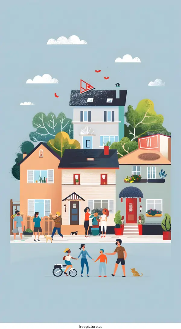 Colorful Illustration of a Neighborhood with People Walking and Chatting