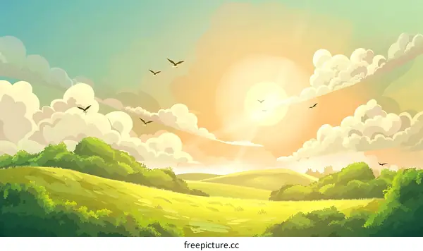 Green Field with Sun Rays in the Sky