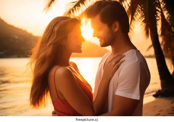 Young couple in love standing on beach at sunset