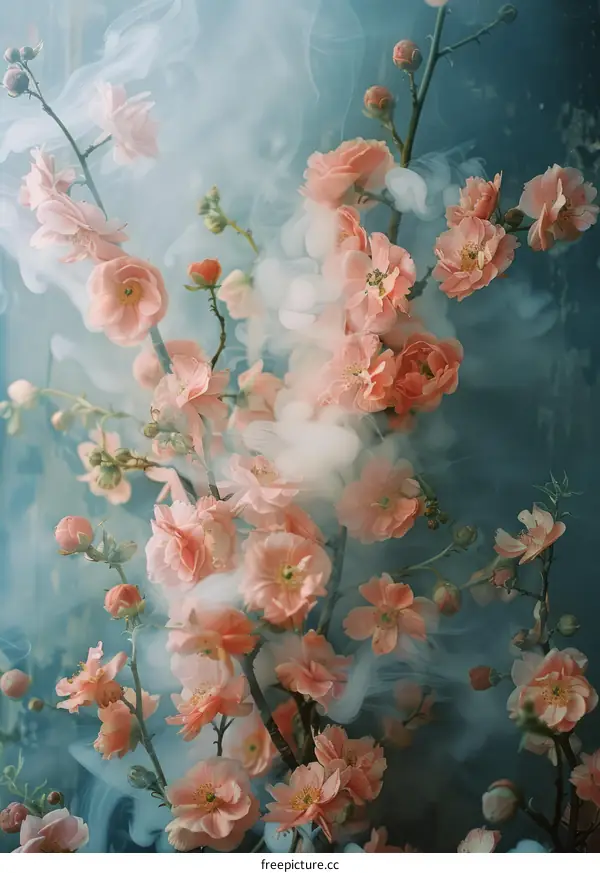 ethereal peach blossoms in a blue background