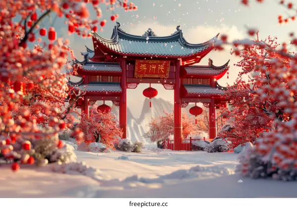 Winter Chinese Gate Illustration
