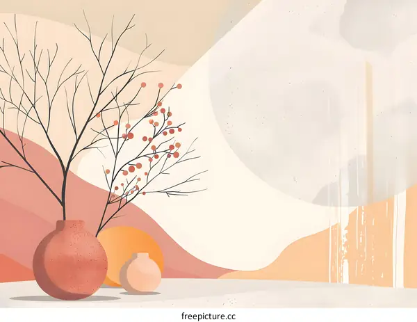 Abstract Illustration of Vase with Berries and Branches in Neutral Colors