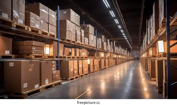 Boxes stacked on shelves in a warehouse